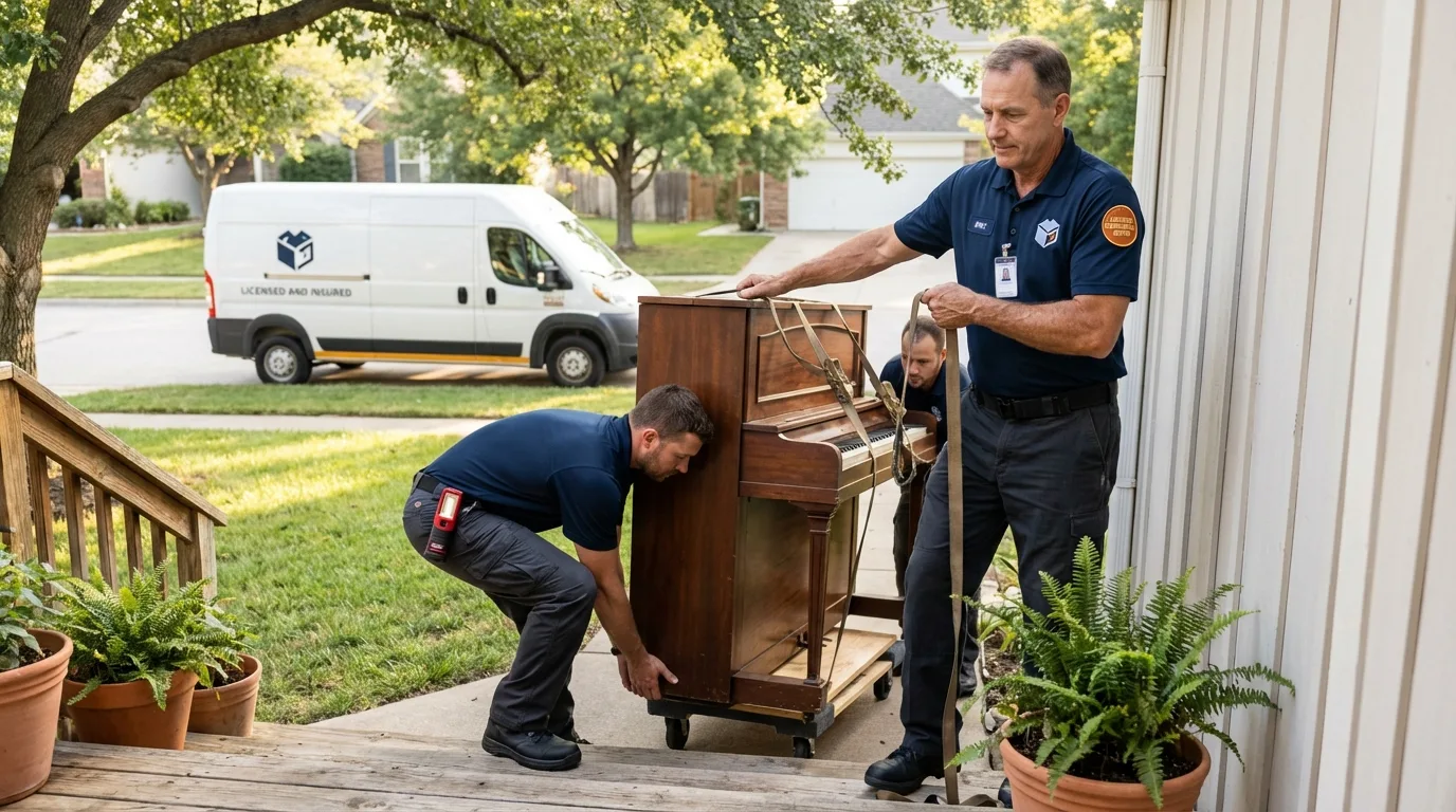 Licensed piano movers securing grand piano in Longwood, FL
