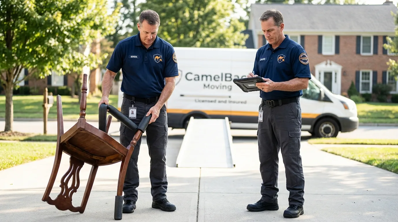Movers inspecting furniture for damage prevention before loading in Longwood, FL