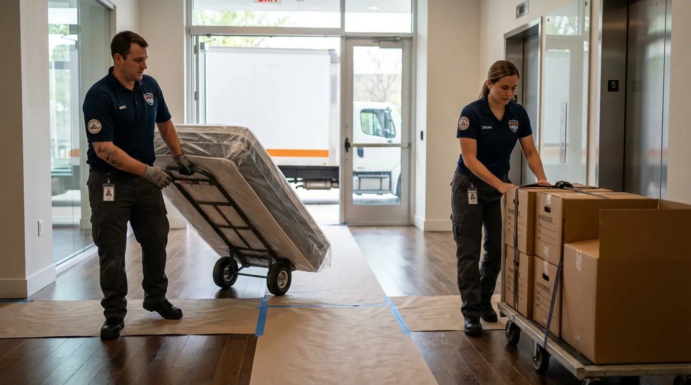 Professional apartment movers loading elevator in Longwood, FL